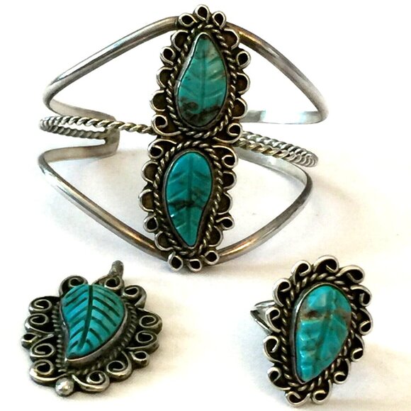 3PC VINTAGE NAVAJO TURQUOISE LEAF STERLING SILVER RING PENDANT CUFF BRACELET 34g - Picture 1 of 12